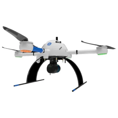 A white and blue Microdrone mdLiDAR1000 UHR is flying in the air.
