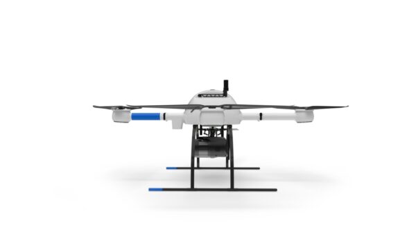 A white and blue Microdrone mdLiDAR1000 UHR on a white background.