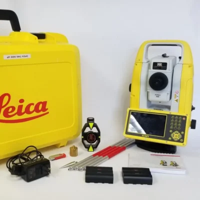 Leica surveying equipment and accessories on display.