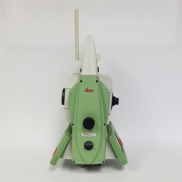 A green and white Leica NOVA MS50 1", MultiStation, Pre-Owned 805088-367003 robot sitting on top of a white background.