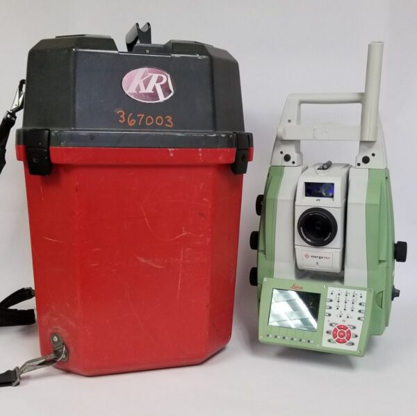 A Leica NOVA MS50 1", MultiStation, Pre-Owned 805088-367003 next to a surveyor's camera.