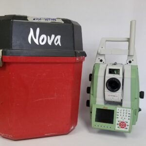 A red and green container next to a Leica NOVA MS50 1", MultiStation, Pre-Owned 805088-367298 camera.