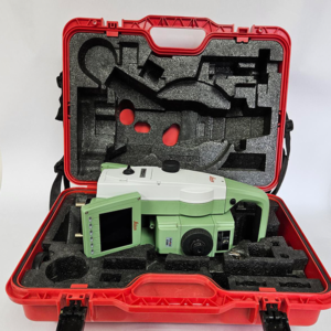 A Leica TS15 I 1" R1000 Total Station with PS - Pre-Owned 780882-1625202 red and green case with a camera in it.