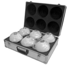 Here's an alt tag for the image: Six white spheres in aluminum case.