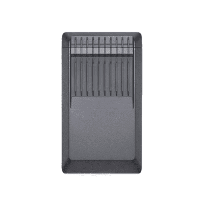 Black rectangular power adapter.