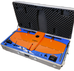 Orange Wingtra drone in carrying case.