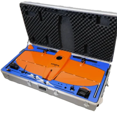 Orange Wingtra drone in carrying case.