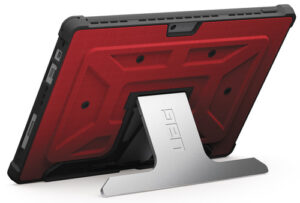 Red rugged tablet case with stand.