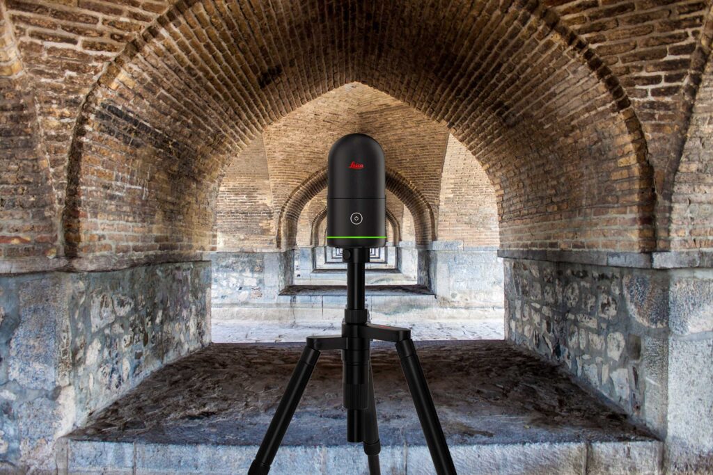 Leica 3D scanner under brick arches.