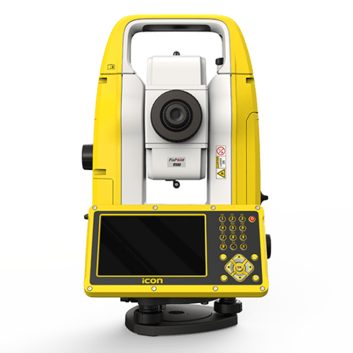 Yellow surveying total station with display screen.