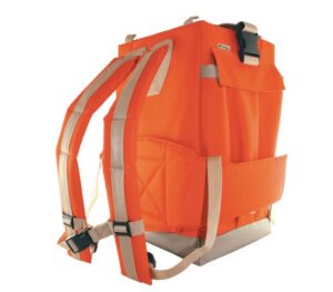 Orange heavy-duty backpack with straps.