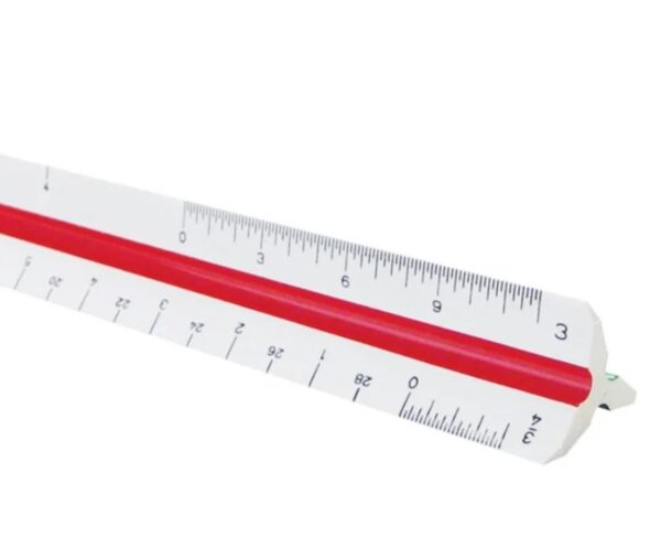 Red and white architect's scale ruler.