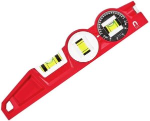 Red magnetic level with vial and protractor.