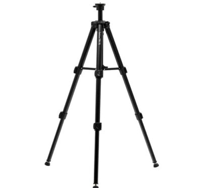 Black tripod with extended legs and mount.
