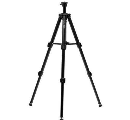 Black tripod with extended legs and mount.