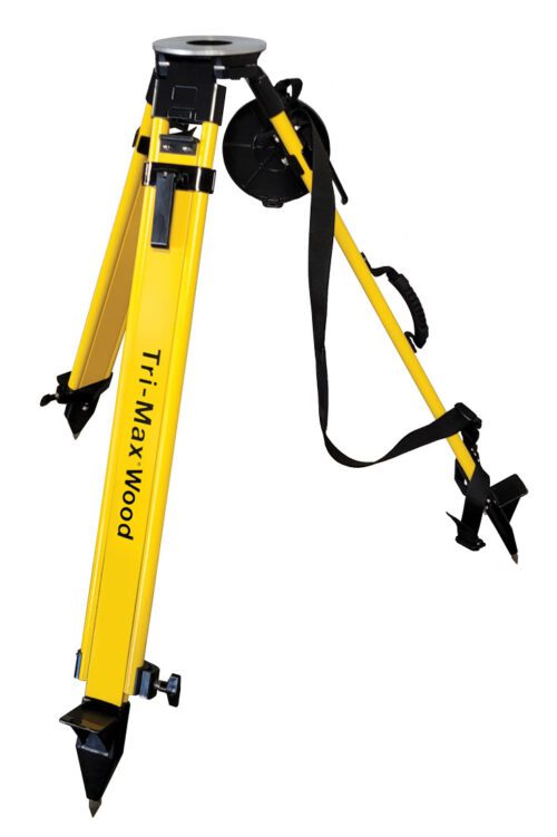 Yellow surveying tripod with adjustable legs.