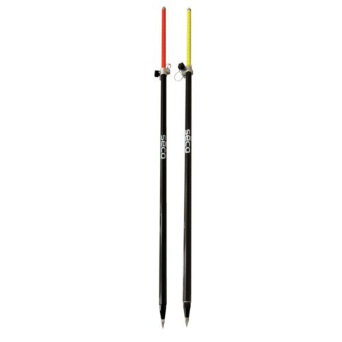 Two black survey stakes with colorful tips.