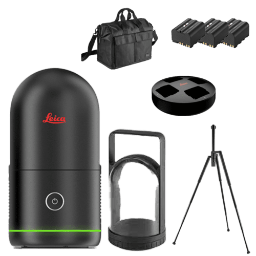 Leica equipment including bag, tripod, and batteries.