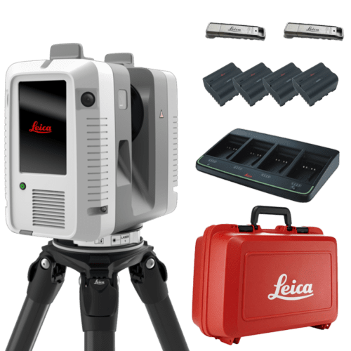 Leica laser scanner with accessories and case.