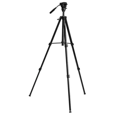 Camera tripod with three adjustable legs.