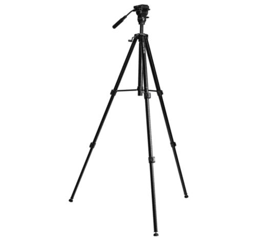 Camera tripod with three adjustable legs.