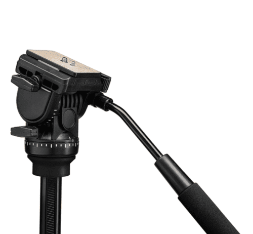 Camera tripod head with quick-release plate.