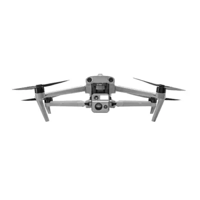 Quadcopter drone with camera, front view.