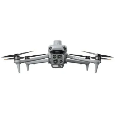 Gray quadcopter drone with camera, front view.