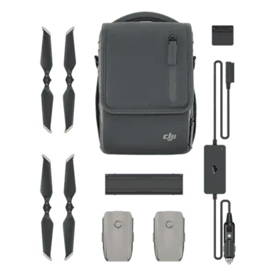 Drone accessories kit with bag and batteries.