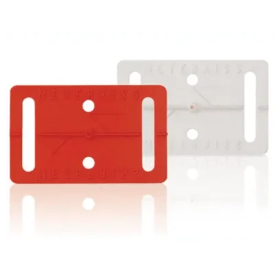 Red and white plastic measuring templates.