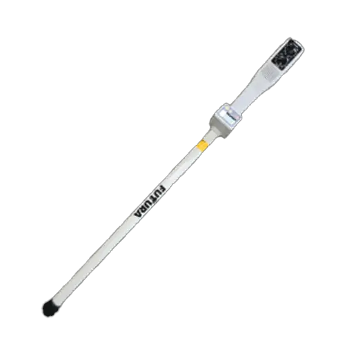White walking cane with black handle tip.
