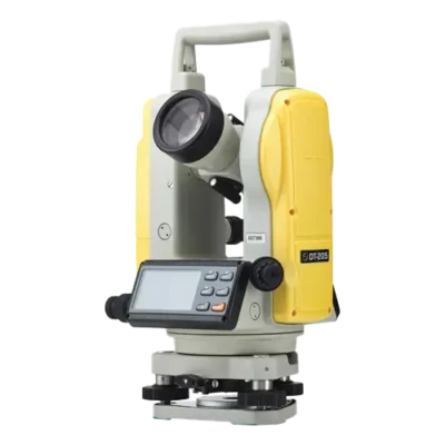 Yellow and gray electronic theodolite on black.