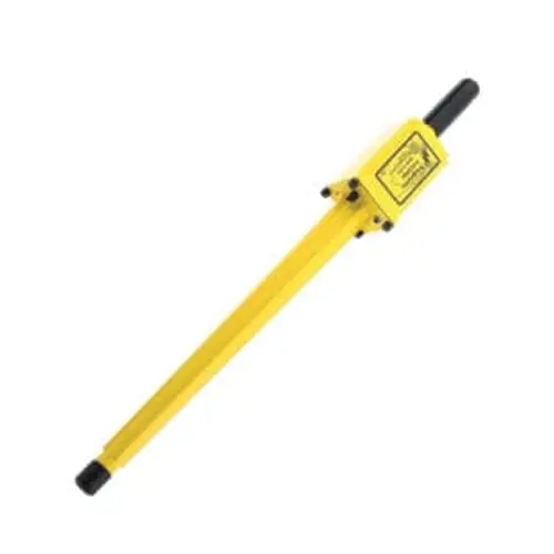 Yellow handheld metal detector on white background.