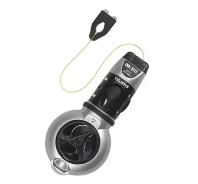 Chalk line reel with string, black and silver.