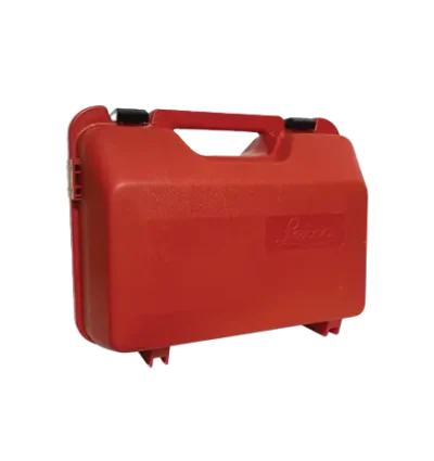 Red plastic carrying case with handle.