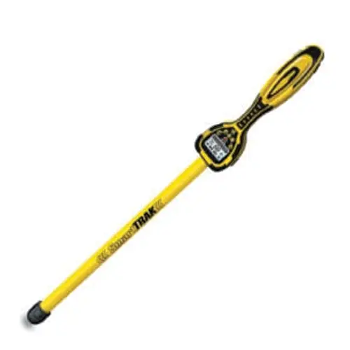 Yellow underground utility locator device on white.