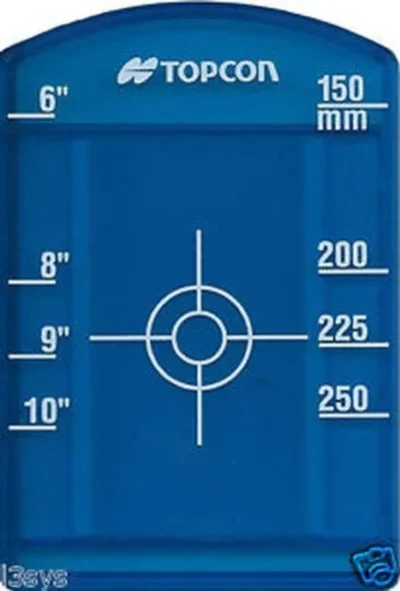 Blue Topcon measurement target with crosshairs.