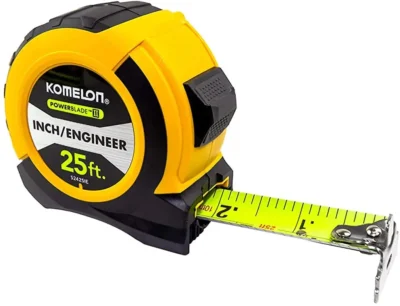 Yellow Komelon 25ft measuring tape extended.