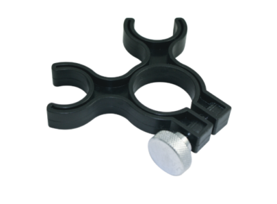 Black plastic clamp with metal screw.