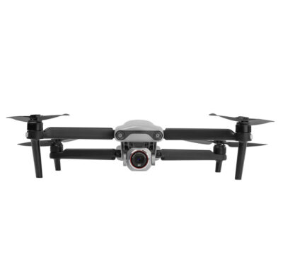 Quadcopter drone with camera, front view.
