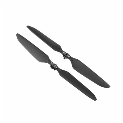 Two black drone propellers on white background.