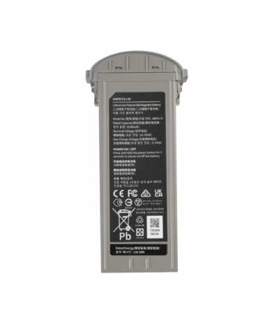 Gray rectangular battery with label and symbols.