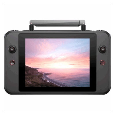Handheld device displaying coastal sunset image.