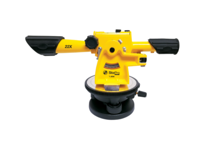 Yellow optical level surveying instrument on stand.