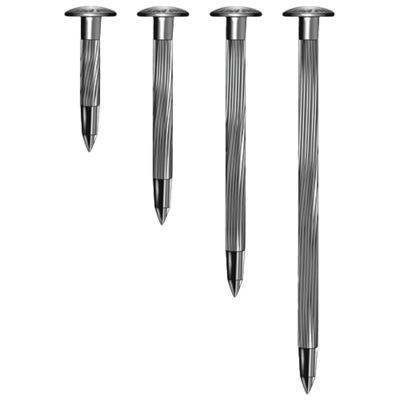 Four metallic screws on black background.