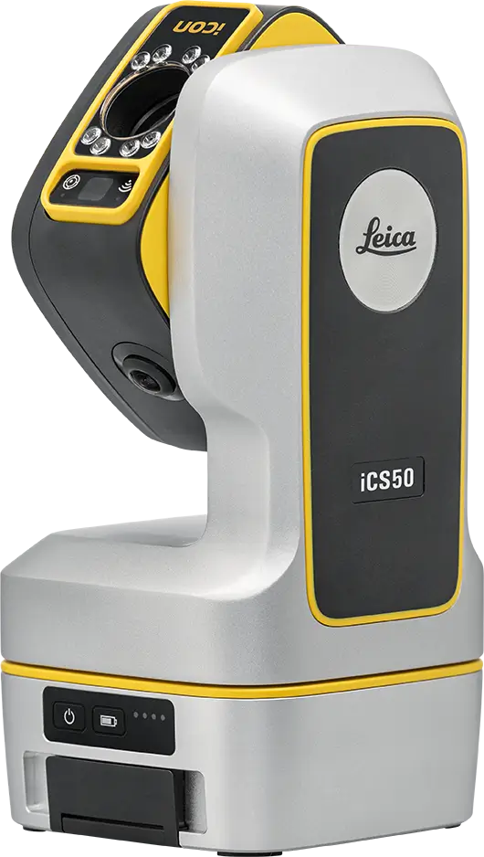 Leica iCS50 surveying instrument on black background.